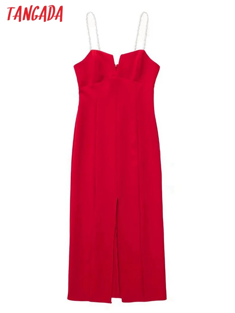 

Tangada Women Red Pearl Strap Party Dress Sleeveless Backless 2022 Fashion Lady Midi Dresses 3H356