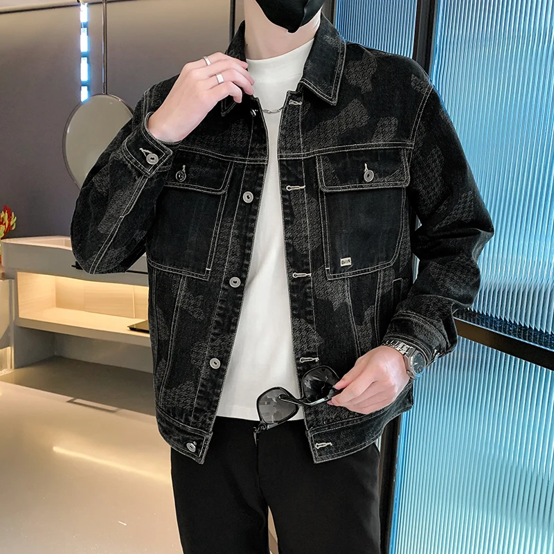 

2022 Autumn Denim Jacket Men Letter Print Slim Fit Jean Coats Turn Down Collar Denim Outerwear Streetwear Cotton Bomber Jacket
