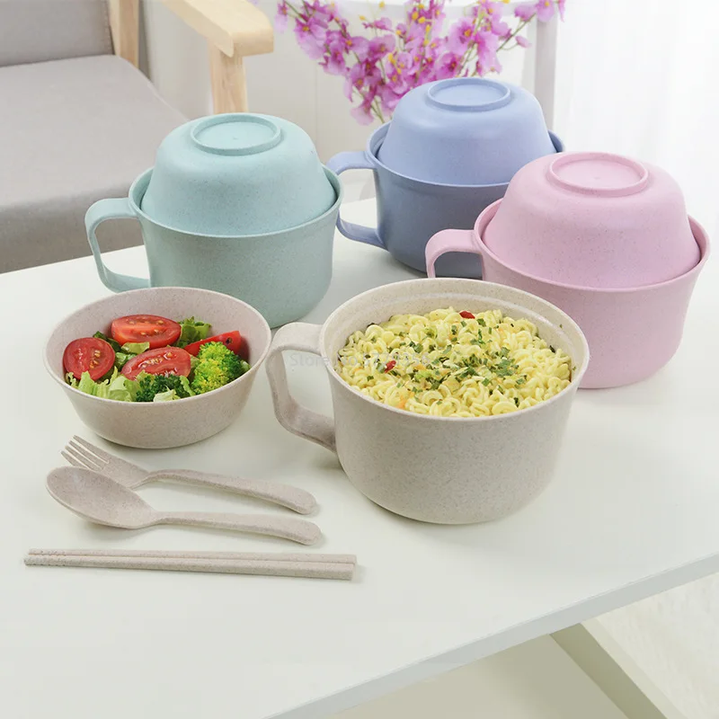 

1Set Instant Noodles Bowl with Lid Handle Tableware Wheat Straw Japanese Style Soup Ramen Microwaveable Ice Cream Bowl
