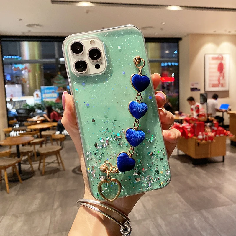 Luxury Glitter Love Heart Plush Bracelet Case For Samsung Galaxy S22 S21 S20 S10 Lite Plus Ultra FE Note20 A13 A23 Wrist Cover