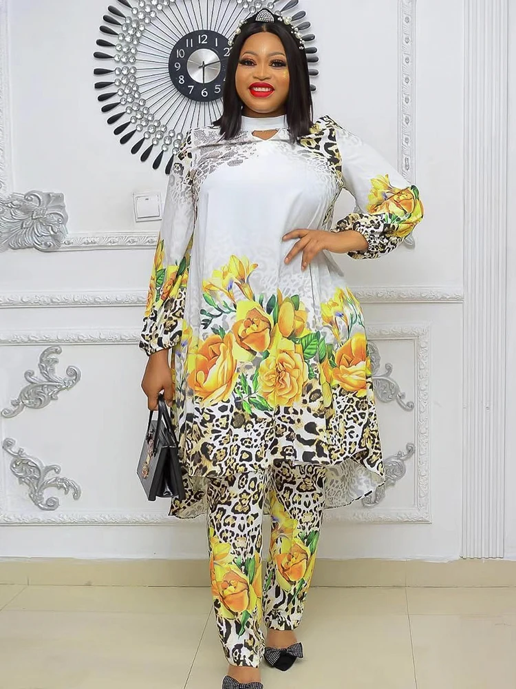 

Plus Size Women Clothing Two Piece Set African Dashiki Floral Print Dress Pants Suit Ankara Chiffon Outfits 2022 Vetement Femme