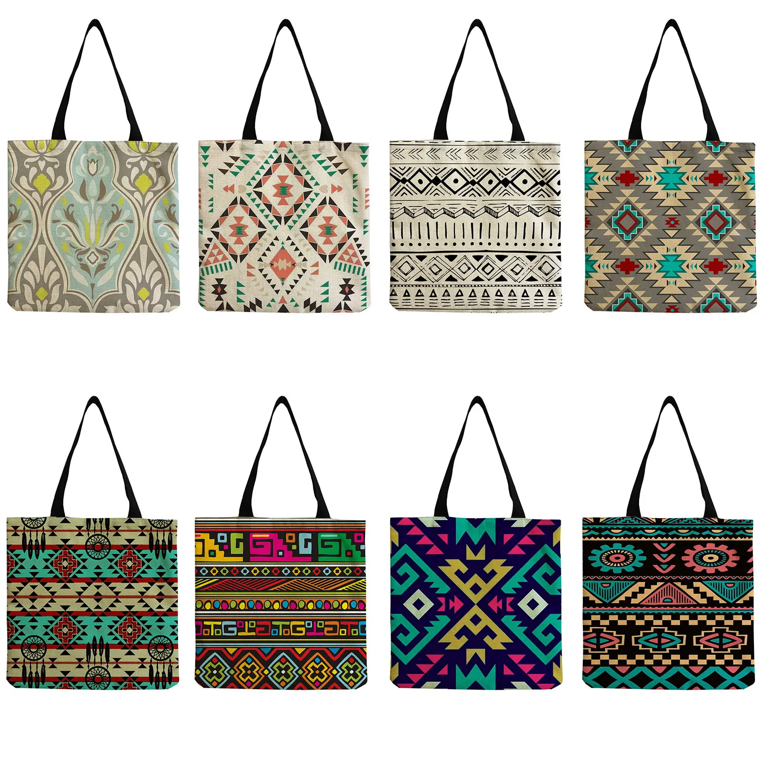 

Art Geometry Floral Custom Logo Design Handbags Personality Creativity Fashion Bags Eco Foldable Travel Beach Women Shoulder Bag