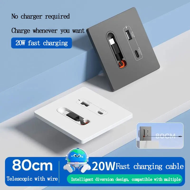 Фото Скрытая USB-панельная розетка 86 типа, многофункциональная зарядка EU PD, 20 Вт, быстрая зарядка Type-c с выдвижным кабелем для домашнего использования №3