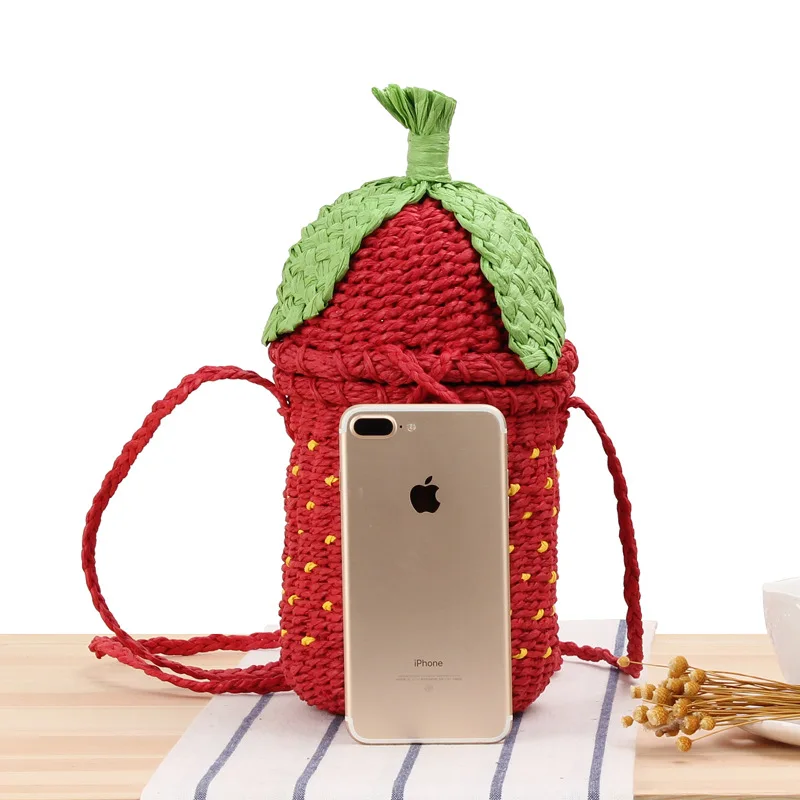 Bohemian Handmade Woven Rattan Beach Bag Funny Strawberry Straw Bags for Women Brands Bali Travel Shoulder Crossbody Bag Tote
