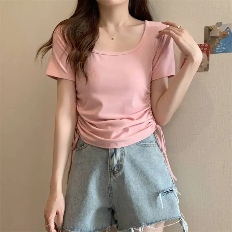 

Casual 100% Cotton Top Solid Color Summer New Square Neck Short Sleeves grey
