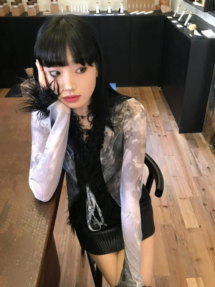 Y2k эстетические Лоскутные пушистые бандажные кардиганы Модные Винтажные