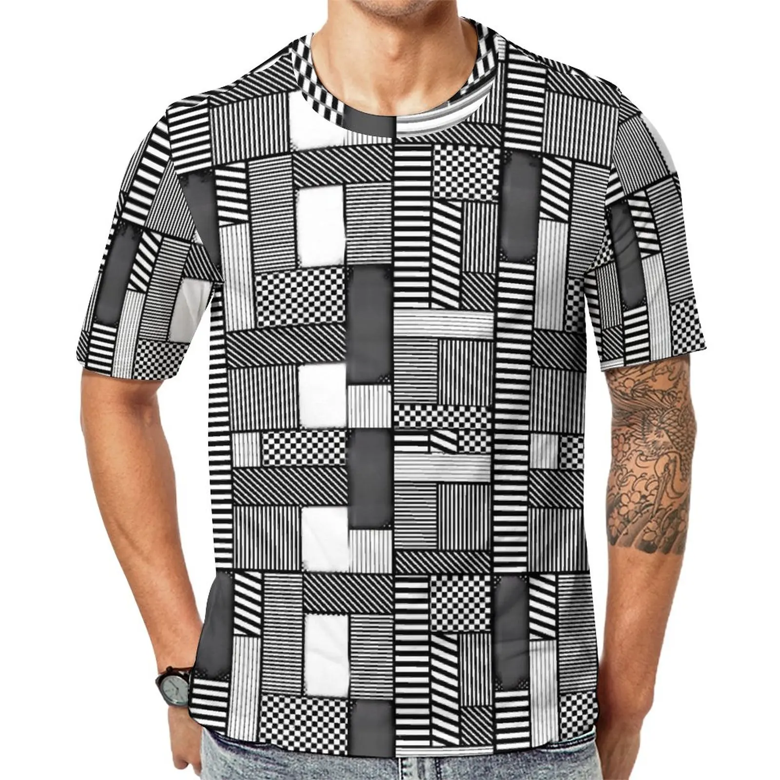 

Black And White Geo Print T Shirt Geomatric Patchwork Cool T-Shirts Short-Sleeved Print Tops Cheap Summer Fun Oversized Tees