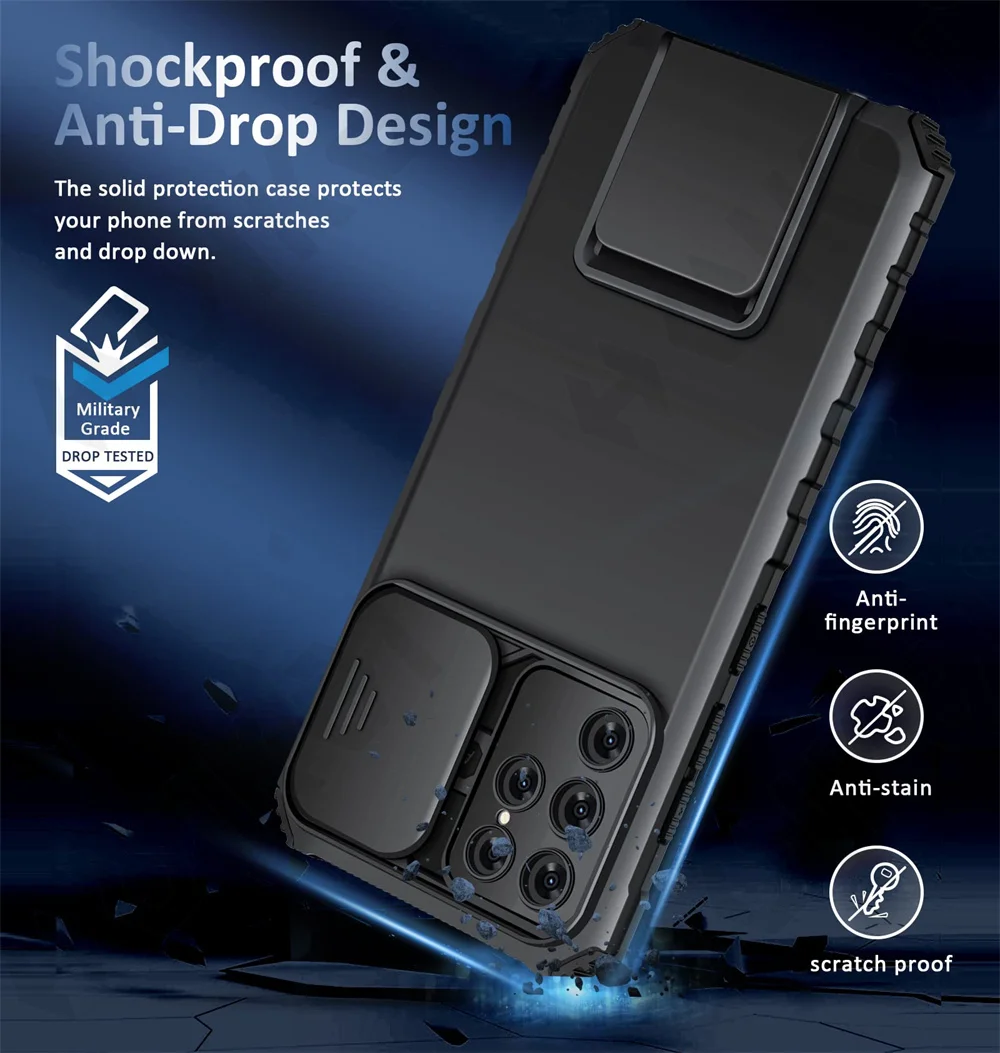 Case For Samsung S23 S22 Ultra S21 S20 FE Galaxy A53 A23 A73 A33 Slide Camera Kickstand Protective Shockproof Ring Phone Cover