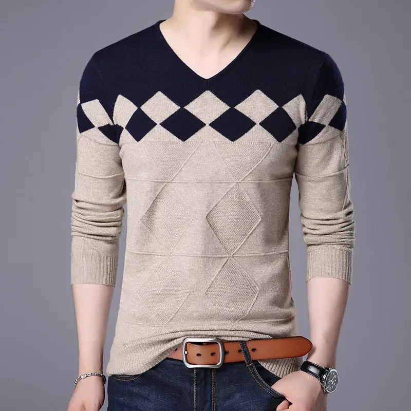 Winter Warm Men V-Neck Basic Knitwear Blouse Pullover Long Sleeve Top Male Outwear Slim Fit Stretch Fashion Knitted Sweater A131