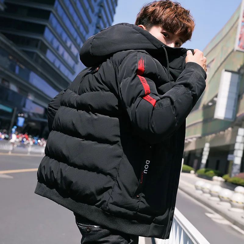 Men's Fashion Ribbon Stitching Winter Jacket Korean Style Clothes Youth Slim Thicken Winter Coat Harajuku Jacket with Hood