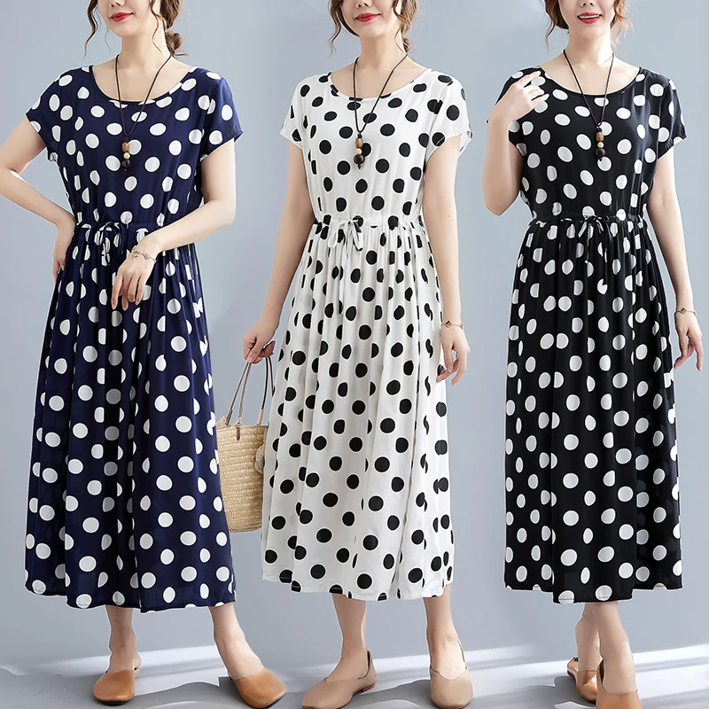 

Платье женское хлопковое средней длины в горошек, элегантный Свободный Повседневный Сарафан с круглым вырезом, одежда для женщин, на лето, 2023