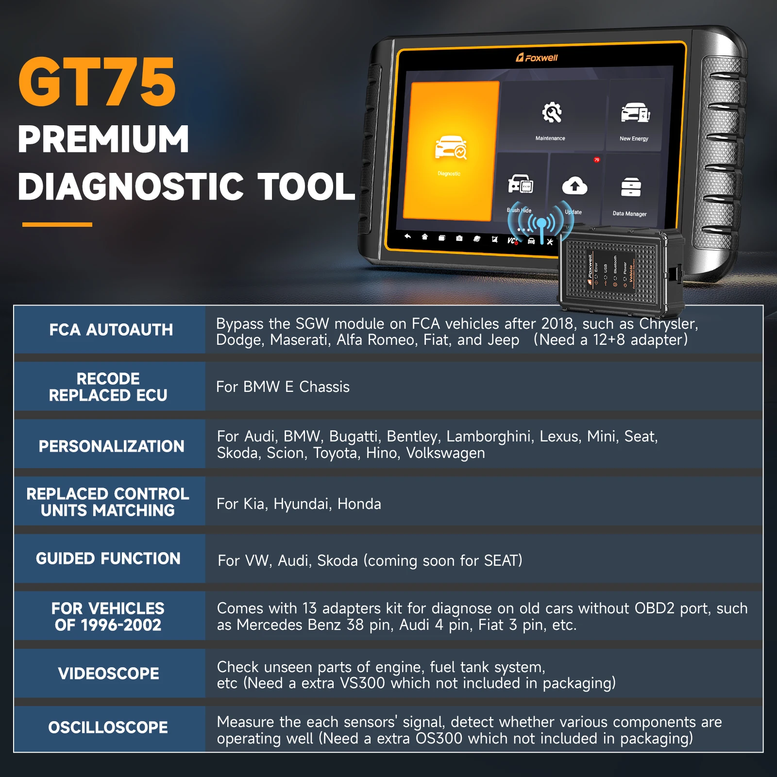 FOXWELL GT75 двунаправленный автомобильный сканер TPS Bluetooth OBD2 диагностический