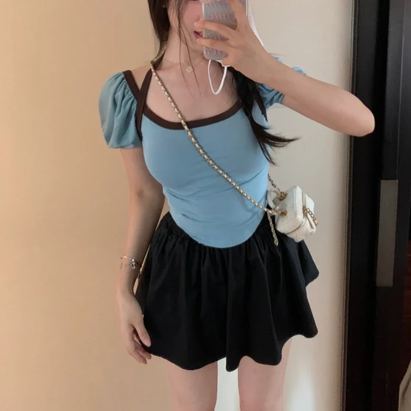 Sexy Halter Tops T-shirts Women Clothing Panelled Puff Sleeve Kawaii Summer Vintage Aesthetic Tender Basics Girl Temper Daily