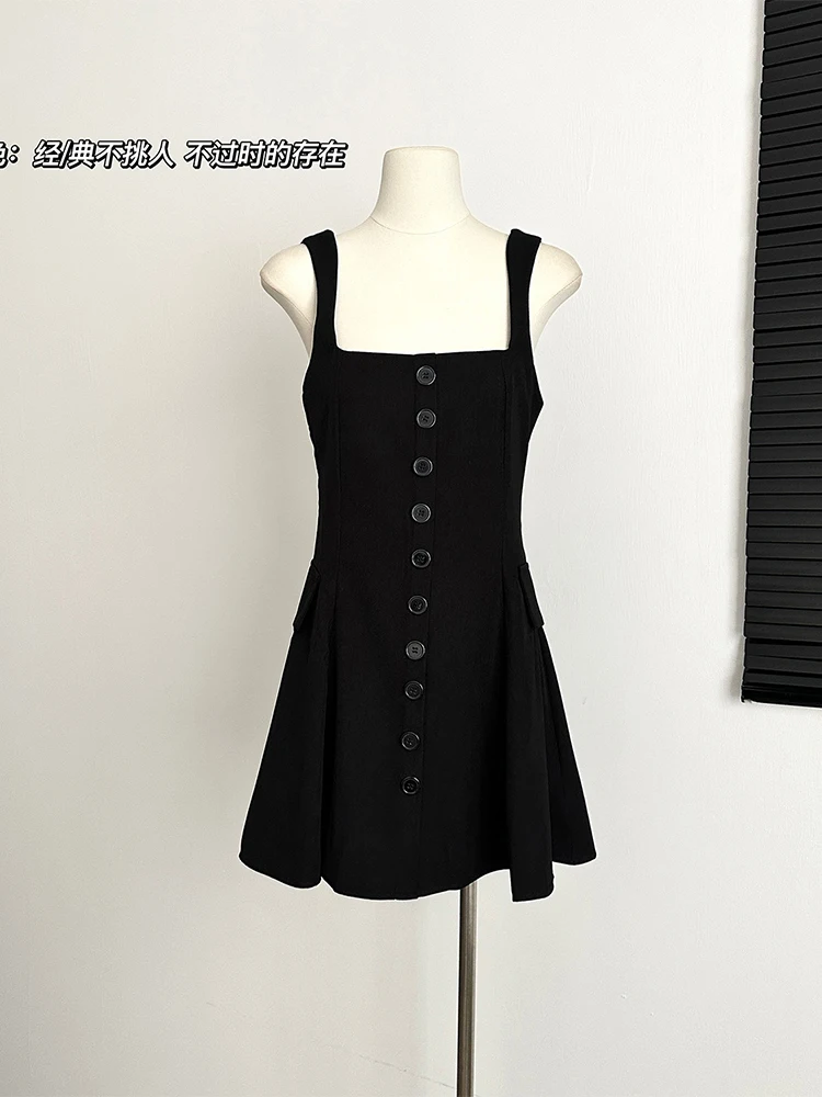 

Summer Korean Fashion Single-breasted Vintage Suspender Prom Dress Women 2023 Mini A-line Black One-Piece Clothing Design Gyaru