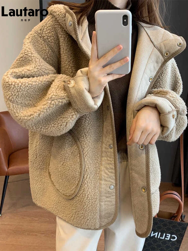 

Lautaro Winter Loose Casual Thick Warm Reversible Faux Sheepskin Fur Coat Women with Hood Fluffy Jacket 2022