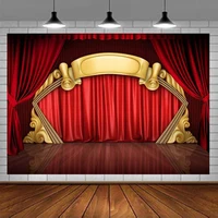 Photography Backdkrop Theater Stage Red Carpet Party Golden Curtain Wooden Floor Background Wedding Birthday Baby Shower Props