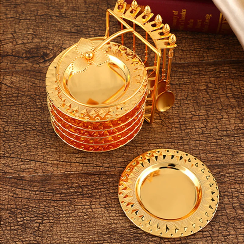 

Gold Coffee Coasters Sweet Dessert Dish Fruit Snacks Tray Drink Coaster With Metal Holder Stand Home Wedding Table Decoration