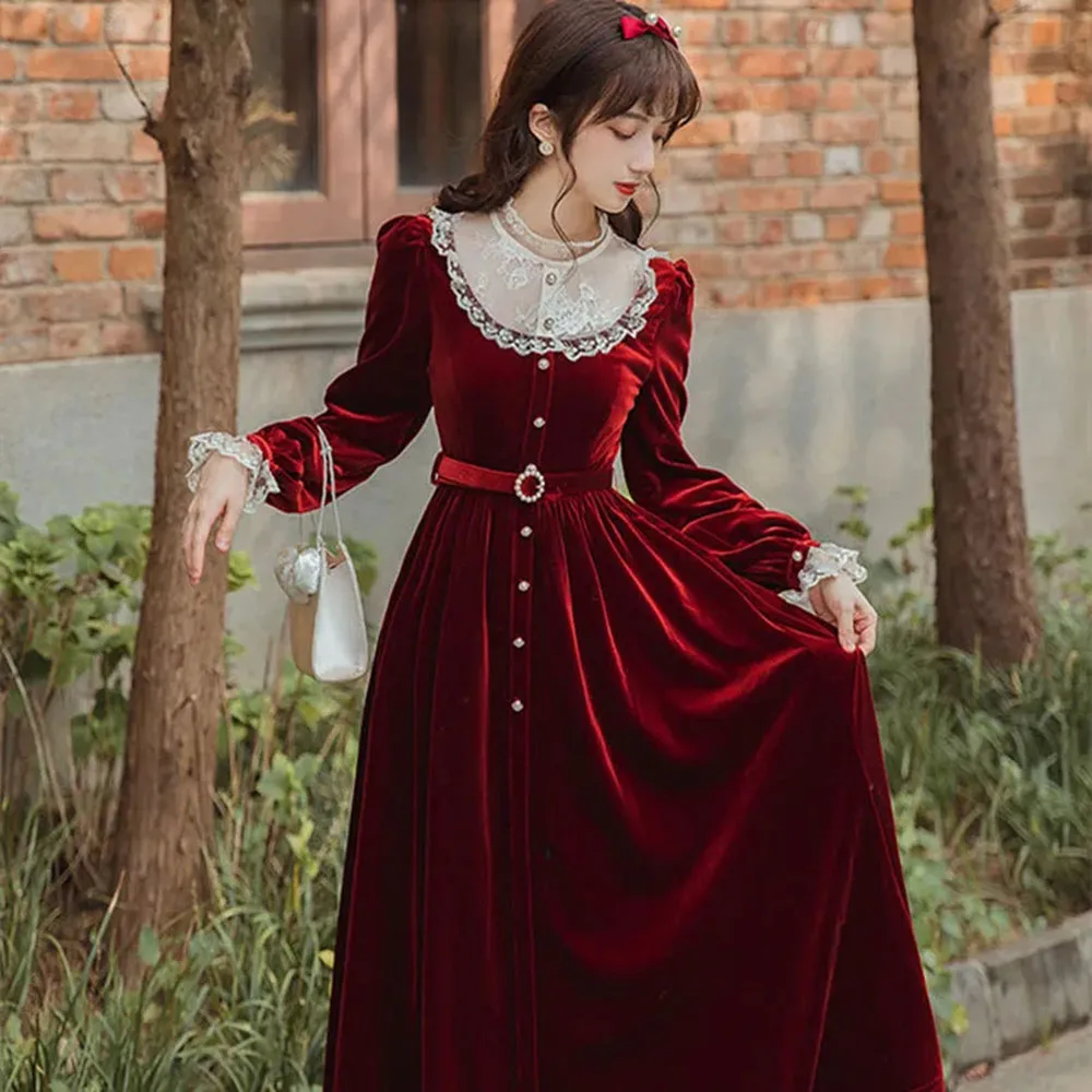 

Autumn Vintage Women Elegant Dress Ruffled Collar Lace Patchwork Burgundy Color Dress Elegant Belt Velvet Gorgeous Midi Dresses