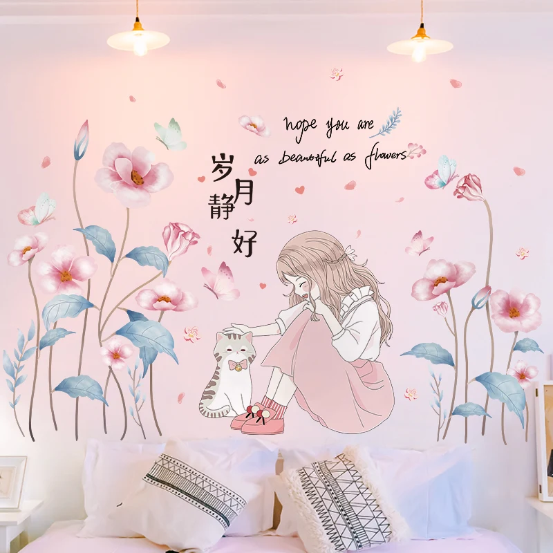 

Flowers Plants Wall Stickers DIY Cartoon Girl Cat Wall Decals for Living Room Kids Bedroom Kindergarten Nursery Home Decoration