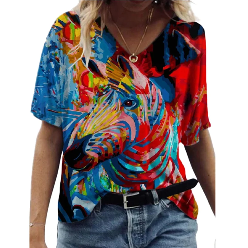 

Animal Print T Shirt Women Short Sleeve Loose Tops Casual V-Neck T-Shirts Colorful 3D Print Tees Female Streetwear Tees