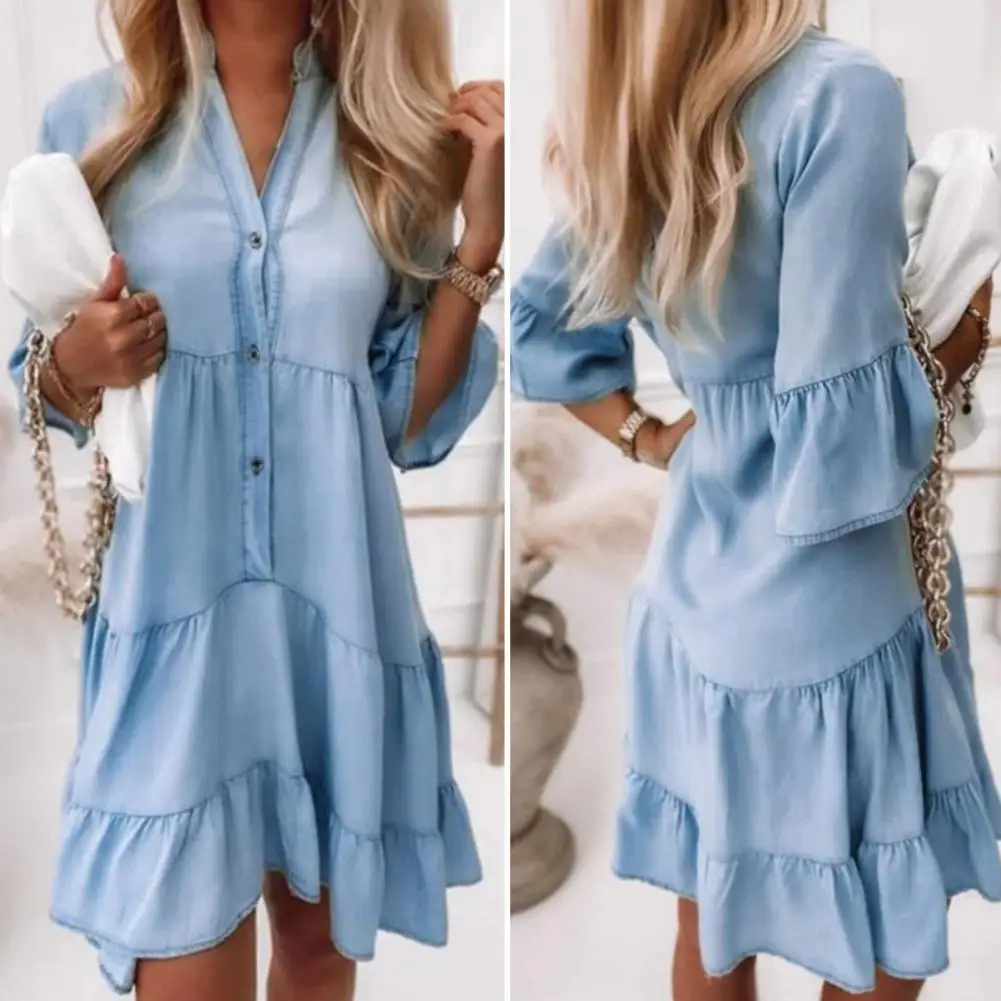 

Summer Women Dress Solid Color Mid Sleeves Knee Length A-line Pattern Stand Collar Ruffle Student Dress Daily Clothes