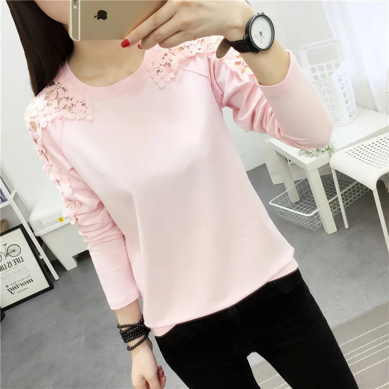 2023 spring long sleeve t-shirt women wear loose lace black