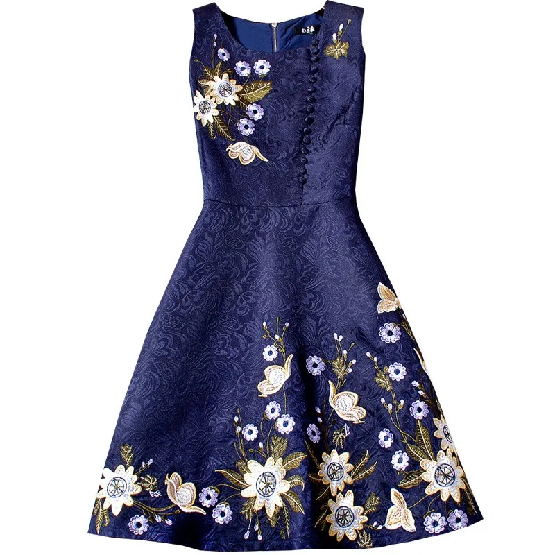 

Runway Summer Women's O Neck High Quality Elegant Sleeveless Vest Jacquard Embroidery Slim Vintage Dress Female Vestido