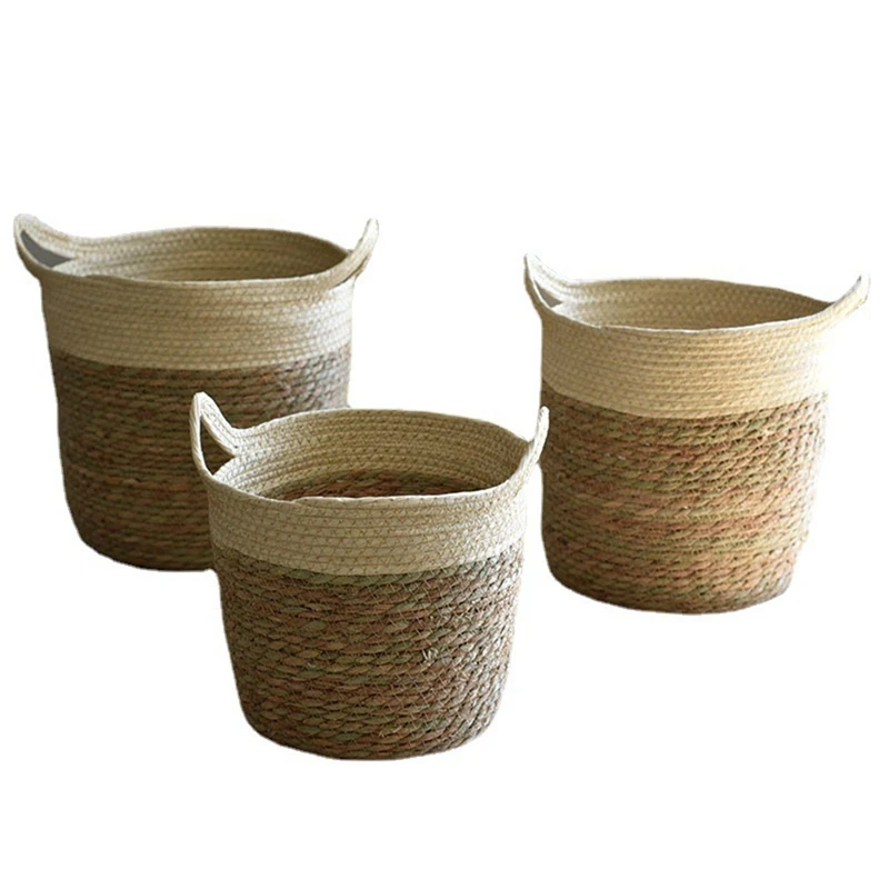 Straw Basket Storage Basket Plant Potted Sundries Basket Seaweed Woven Rattan Flower Pot Set Flower Grass Basket