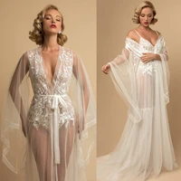 sexy soft white lace bridal robe nightgowns two pieces wedding pajamas illusion long sleeves sleepwear bridal boudoir dress
