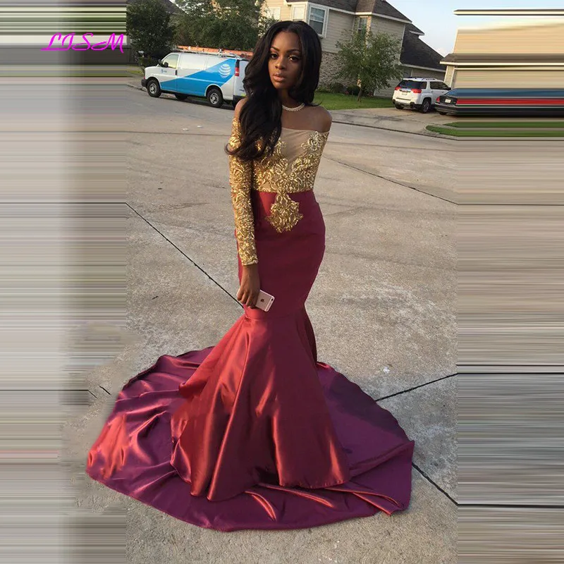 

Burgundy Off Shoulder Long Sleeves Prom Dress With Golden Appliques Sexy Mermaid Evening Dresses Long Satin Formal Party Gowns