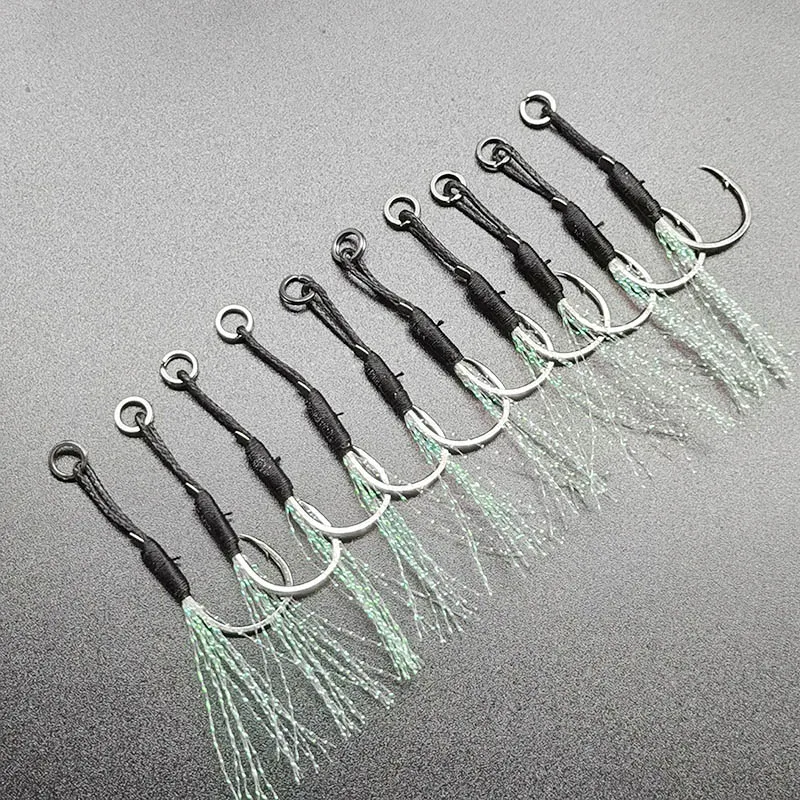 20 шт./лот вспомогательный крючок с бородкой одиночные джиг-Крючки нить перо рыба