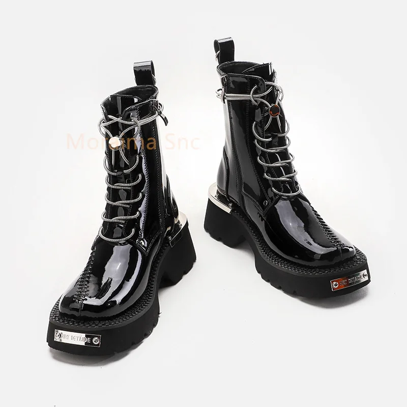 Metal Decorative Square Head Ankle Boots Women Lace Up Short Boots British Style Fashion Lady Shoes Height Increasing Botas