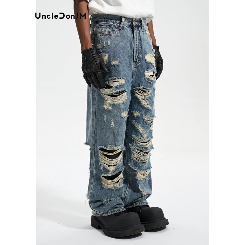 

UncleDonJM Damaged Holes Jeans Retro Casual Straight Denim Hip Hop Ripped Jeans Streetwear Men Wide Leg Jeans High Quality