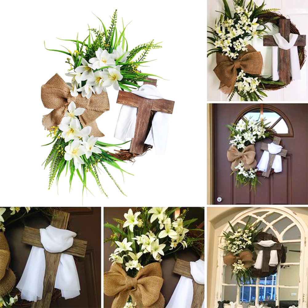 

Indoor Outdoor Rustic With Cross Bow Easter Wreath Party White Ribbon For Front Door Artificial Flowers Home Decor Ornament
