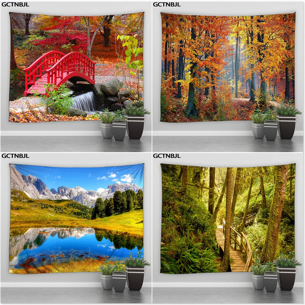 

Autumn Forest Landscape Large Tapestry Waterfall Lake Mountain Beautiful Scenery Wall Hanging Hippie Boho Decor Bedroom Blanket
