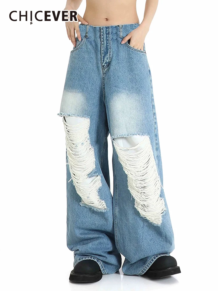 

CHICEVER Summer Ripped Denim Pant For Women High Waist Spliced Pockets Hit Color Hole Hollow Out Loose Wide Leg Pants Female New