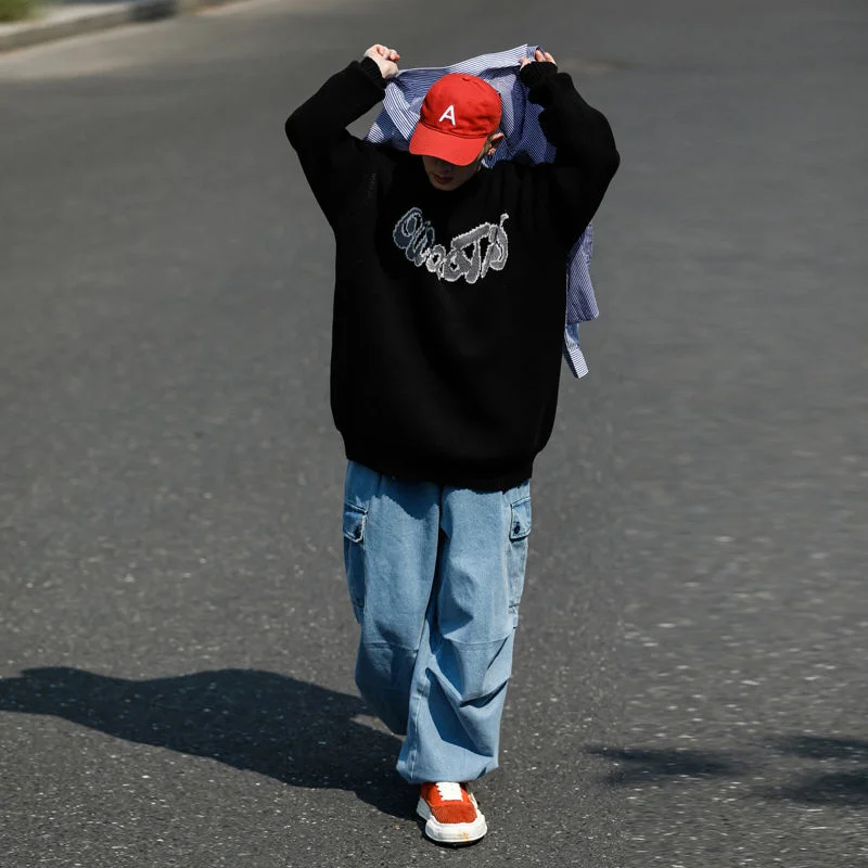 

Men Clothes Cityboy Letter Loose Sweater Couple Round Neck Winter Coat Black Jumper Is Casual Office Long Sleeve Spring Model