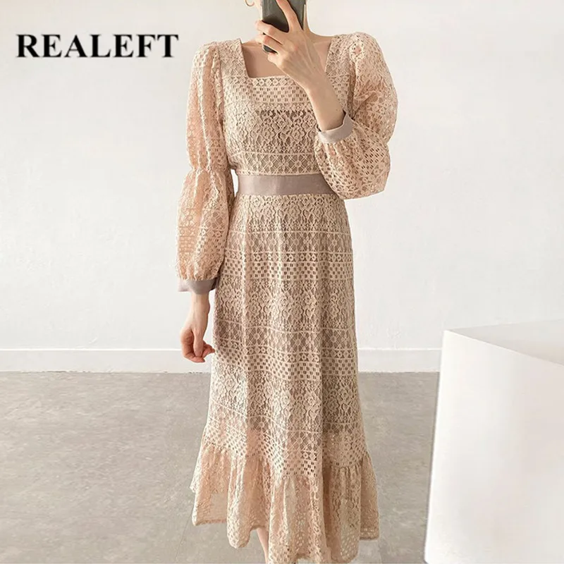 

REALEFT Spring Summer 2022 New Elegant Lace Crochet Women's Dress Sashes Puff Sleeve High Waist Mi-long Straight Dress Female