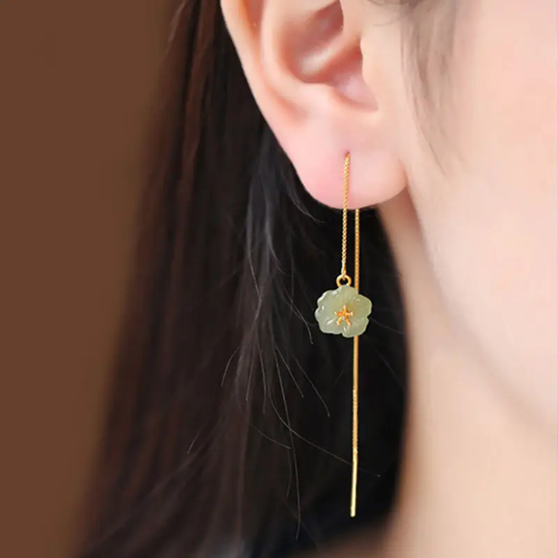 Natural jade plum flower earrings for women Fresh long dangle ear strip new in vintage wedding Jewelry gift for girlfriend images - 6