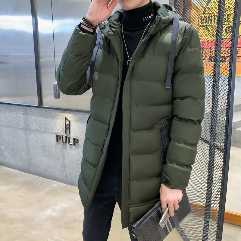 2022 Autumn and Winter Korean Version Fashion Solid Color Hooded Pocket Cotton Clothing Men's Casual Slim Zipper Mid-length Coat