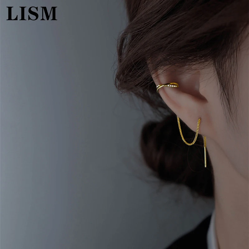 LISM Stainless Steel Fake Piercing Cartilage Ear Cuff on Earring for Women Girls Fashion Long Tassel Gold Color Ear Clips