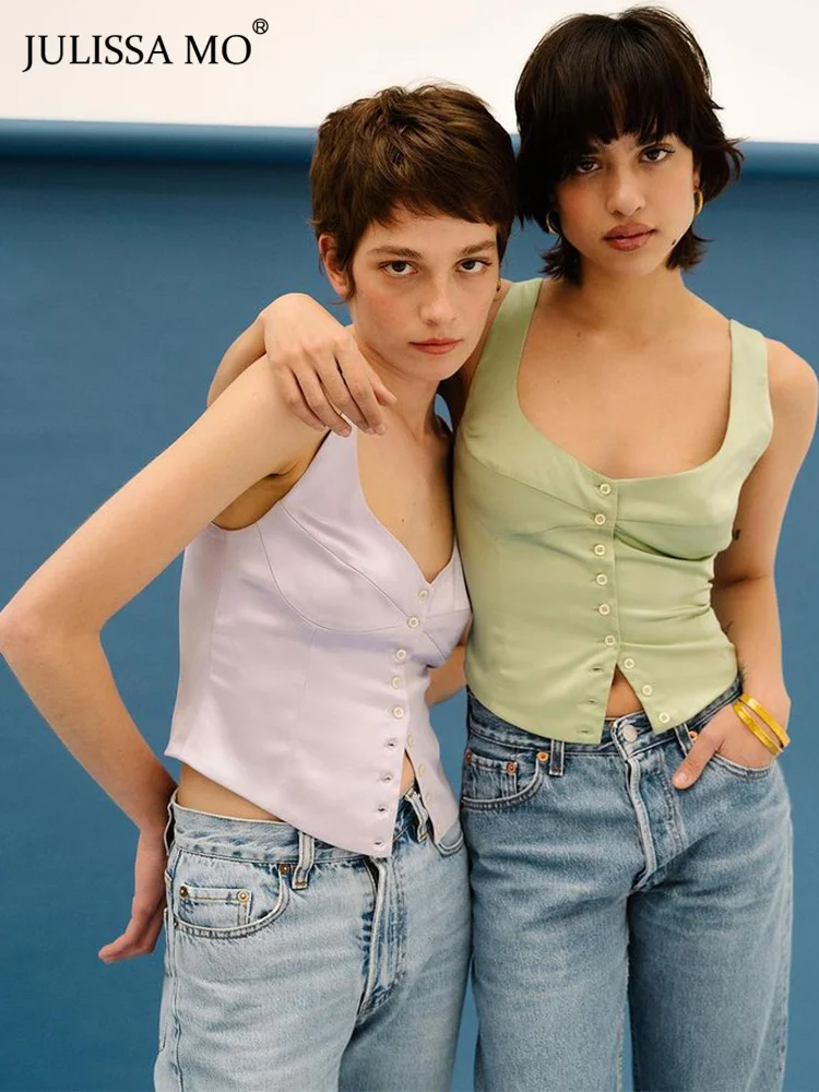 

JULISSA MO 2022 Round Collar Single Breasted Tank Top Women Summer Sexy Sleeveless Elegant Crop Top Solid Casual Lady Streetwear