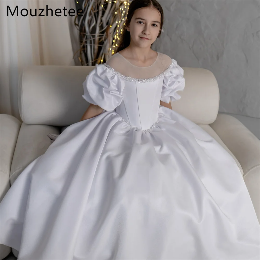 Фото Платья для девочек Mouzhetee: Атласные, блестящие, с цветочным узором, А-силуэт, с круглым вырезом, простые, для свадеб и вечеринок, длинные, на заказ, 2025 №1