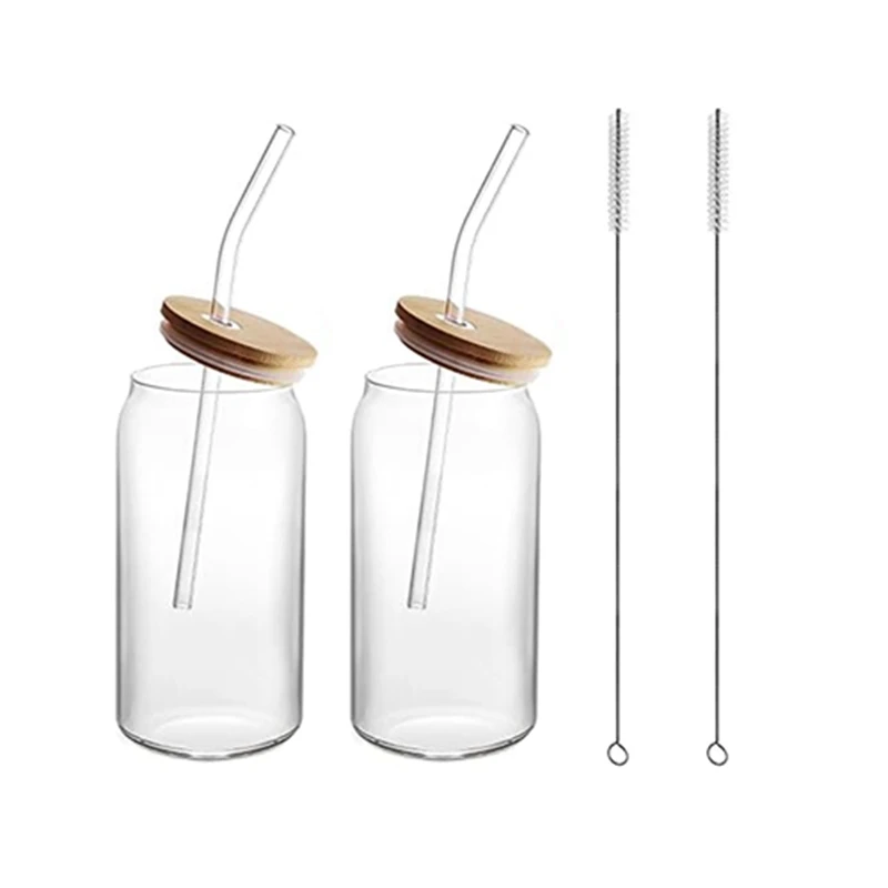 

2Pcs 16Oz Glass Cups Clear Glass Cups With Lids And Straws For Coffee, Beer, Tea, Wine Glasses Beverage Utensils Durable