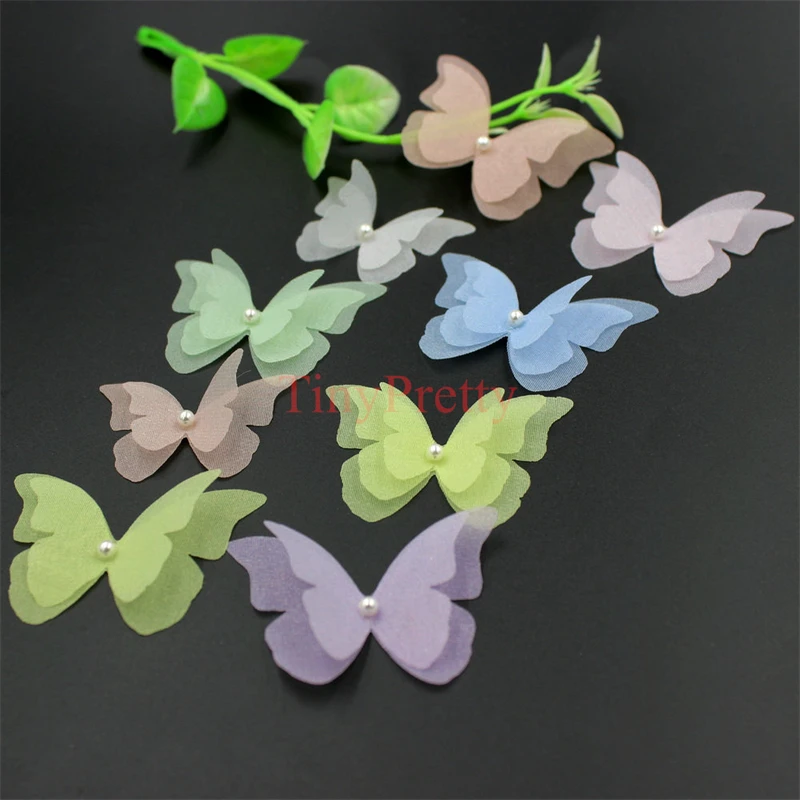 

20pcs Pastel Color Chiffon Butterflies w/ Pearl Handmade Butterfly Appliques for DIY Jewelry Making