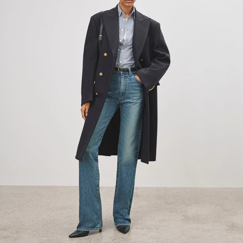 Классическое темно-синее Женское шерстяное пальто-двубортное зимнее теплое