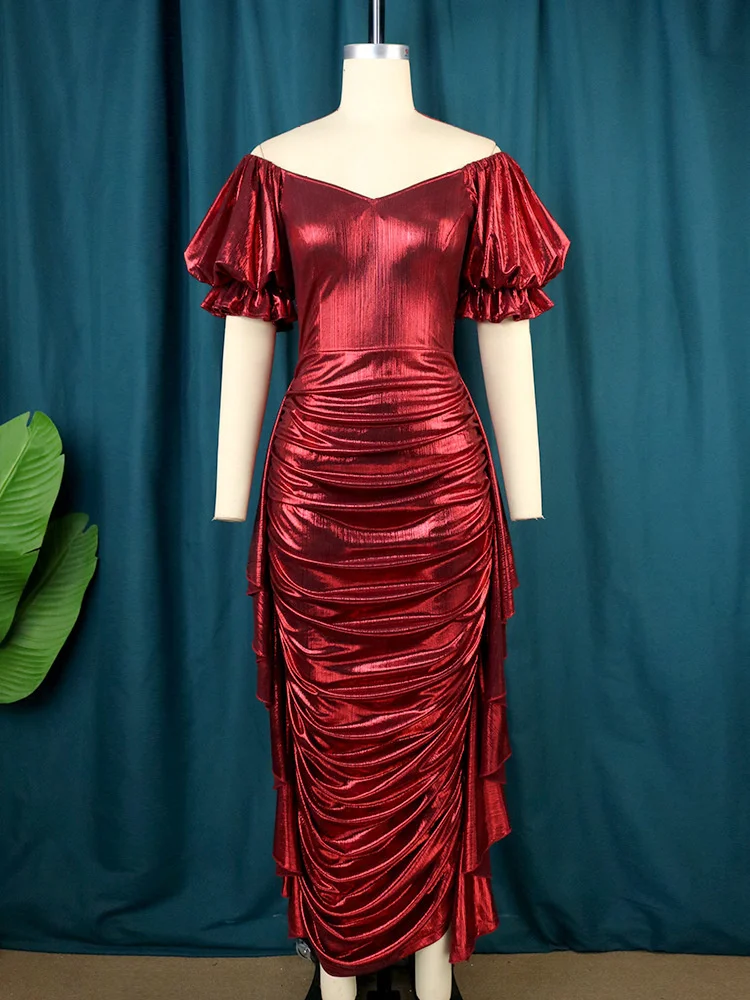 Plus Size Women's Dresses Sexy Shiny V-neck Party Dress 2022 Lustrous Ruffle Puffed Sleeves Elegant Dress Lady Evening Dress