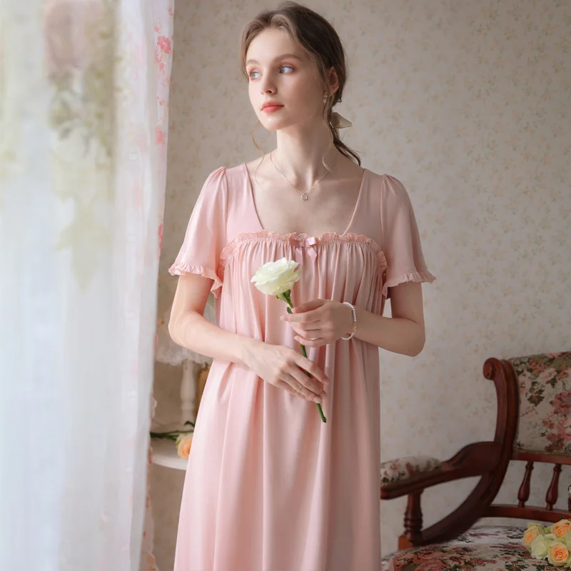 Roseheart Women Homewear White Pink Sexy Sleepwear Nightdress V Neck Bow Nightwear Long Luxury Female Court Gown Nightgown