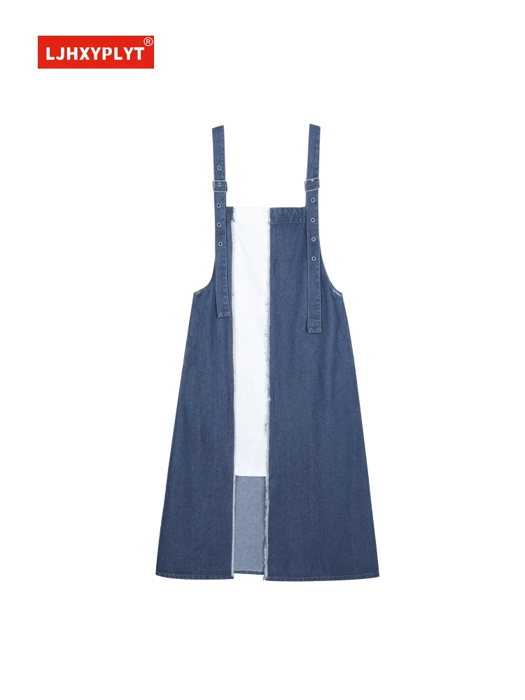 

Splicing Contrast Color Blue Denim Suspender Skirt Women's Summer Design Rough Edge Irregular Mid-length A-line Dress Female