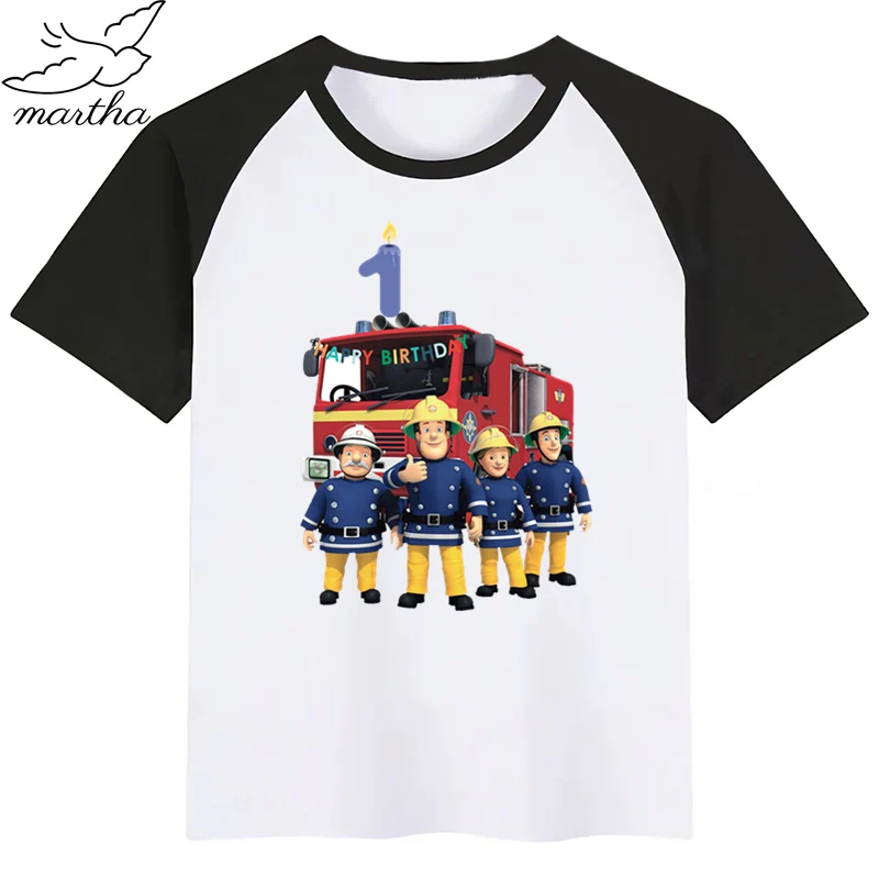Happy Birthday Number 1-9 Cartoon Fireman Sam DIY Print Kids Clothes Girls  Present Children Clothing Boys Tshirts Baby Tees
